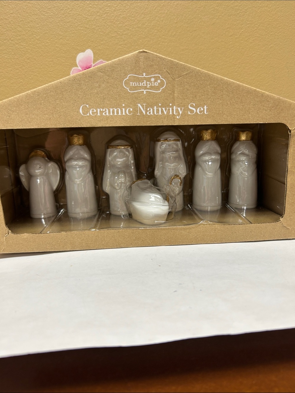 Mud Pie Ceramic Nativity Set in White and Gold-New